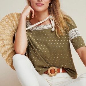 Olive Green Lace Trim Women's Maeve by Anthropologie Top